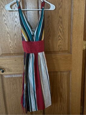 The Limited Striped V-Neck Maxi Dress in Teal, Red & White